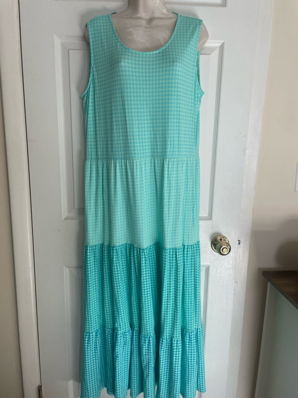 Lands' End Aqua Gingham Sleeveless Maxi Dress